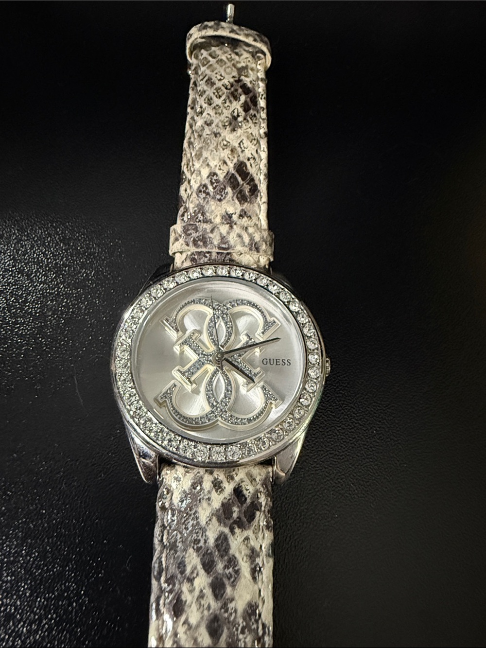 GUESS Silver Dial Watch with Snake-Print Leather Strap